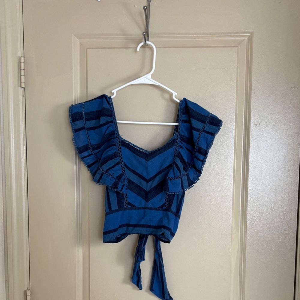 Free People Blue Chevron Ruffle Crop Top